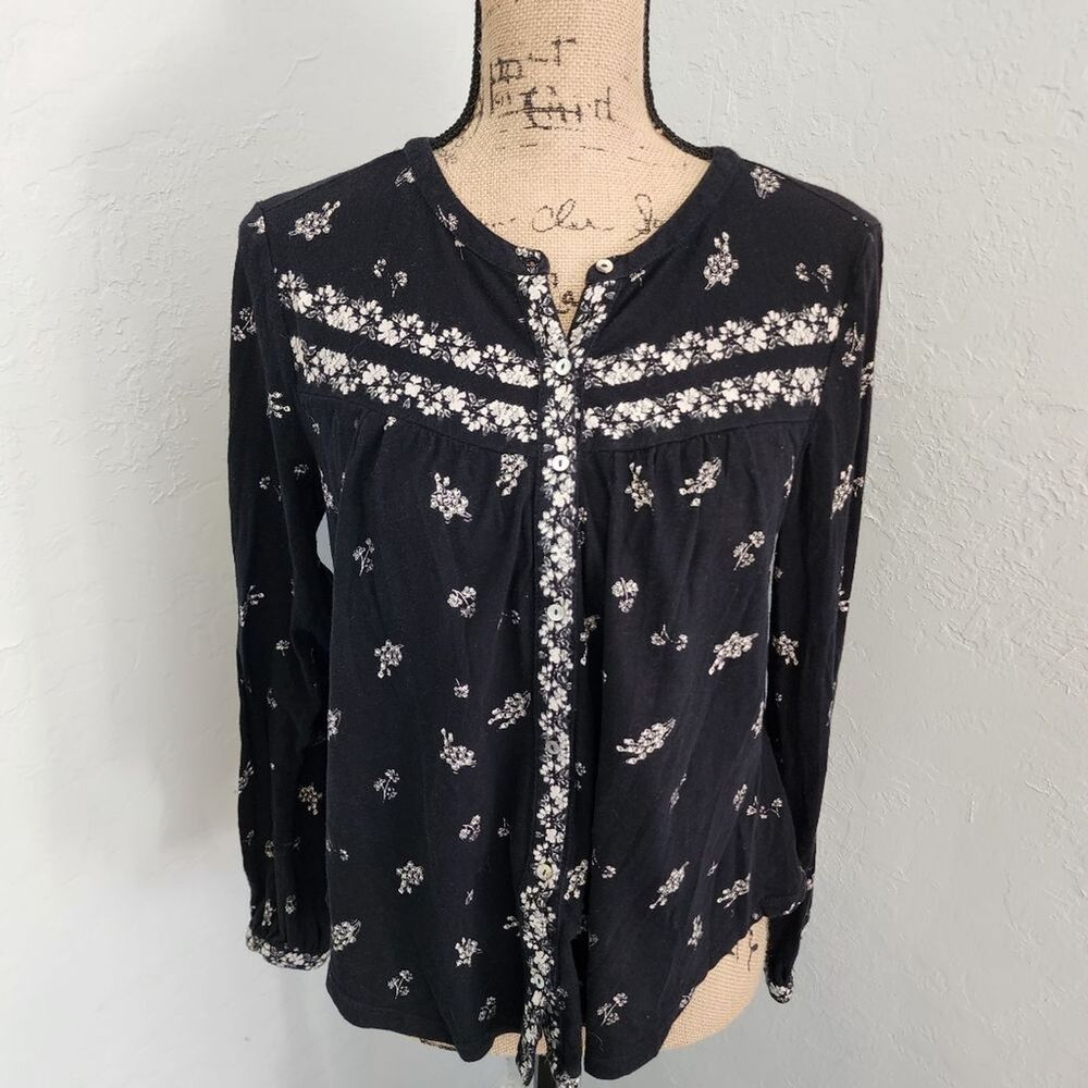 Lucky Brand Blouse Womens SZ Med Microfloral Boho Button Down Cottagecore Casual